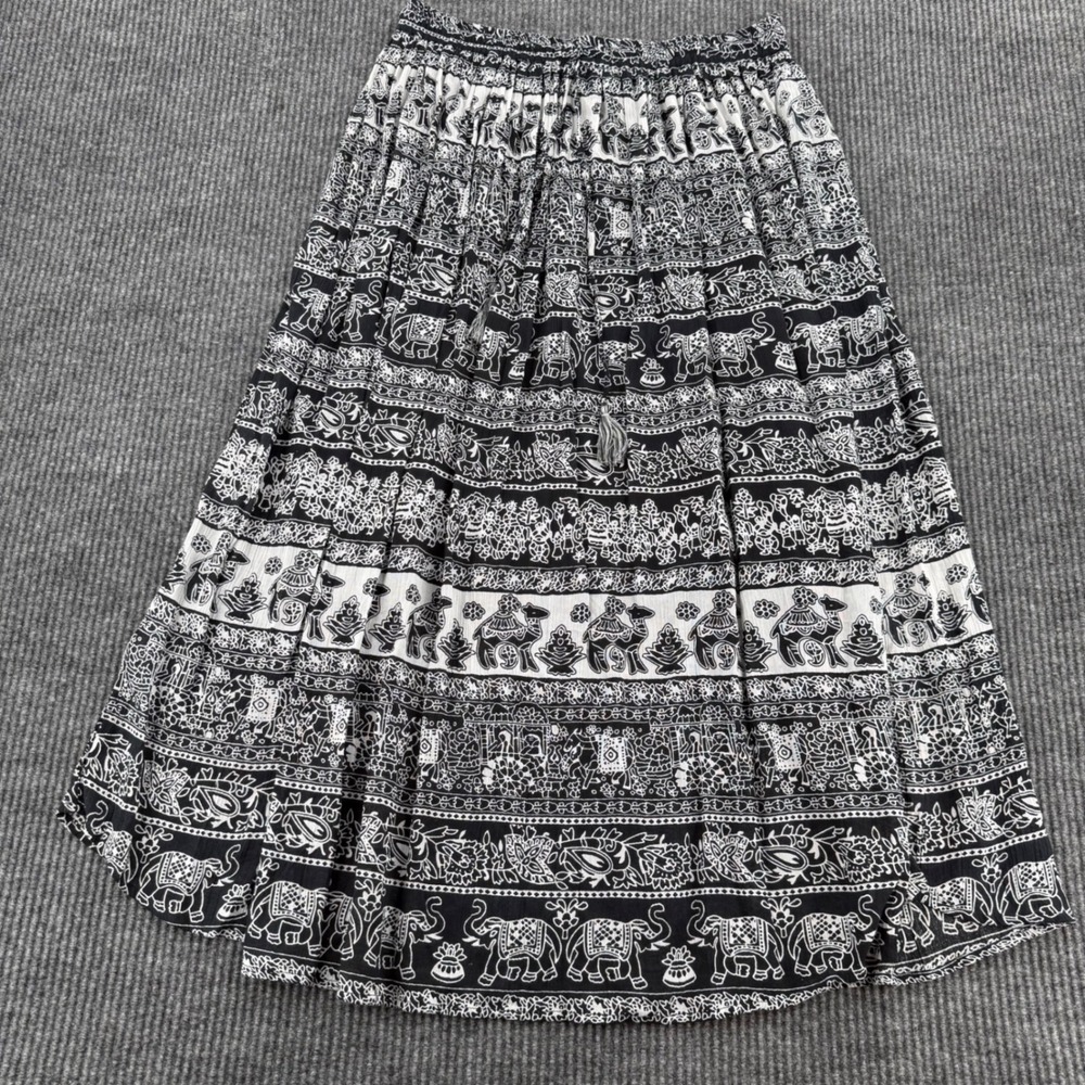 Gypsie Blu Womens Large Black White Elephant Print Rayon Maxi Skirt Boho